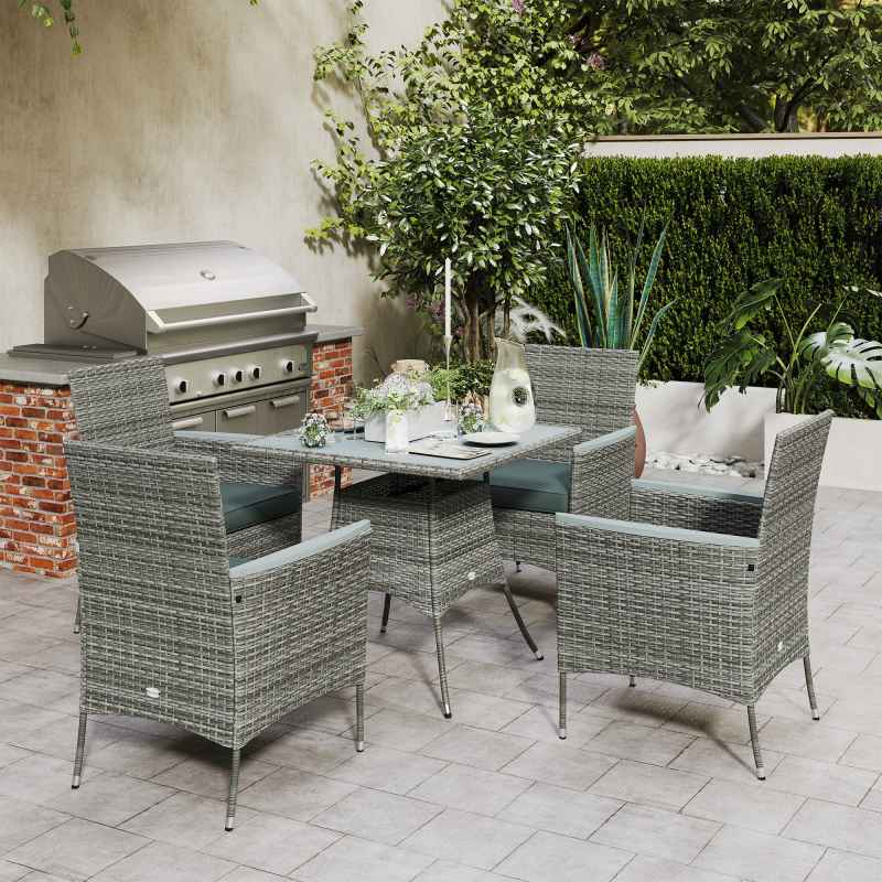 Outsunny Rattan Dining Set, 4 Seater Rattan Garden Furniture Set with 50mm Parasol Hole, Outdoor Garden Table and Chairs with Cushions, Slatted Wood Tabletop for Patio, Conservatory, Grey