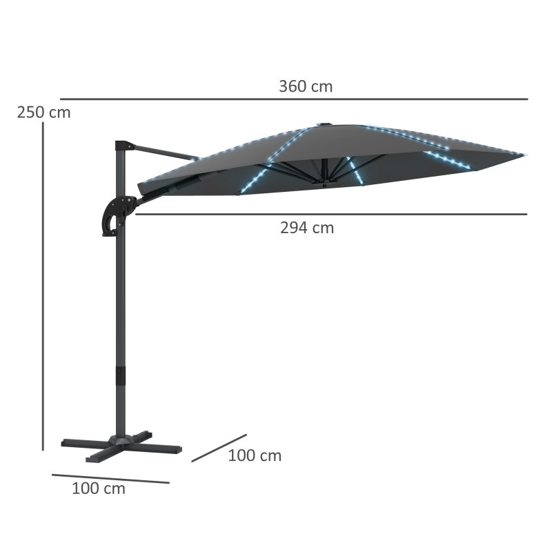 Outsunny 3(m) Cantilever Garden Parasol with Solar Powered Lights, Fibreglass Ribs, Crank Handle & Cross Base, UPF 50+, 360 Rotation, Overhanging Patio Umbrella for Patio Market, Dark Grey