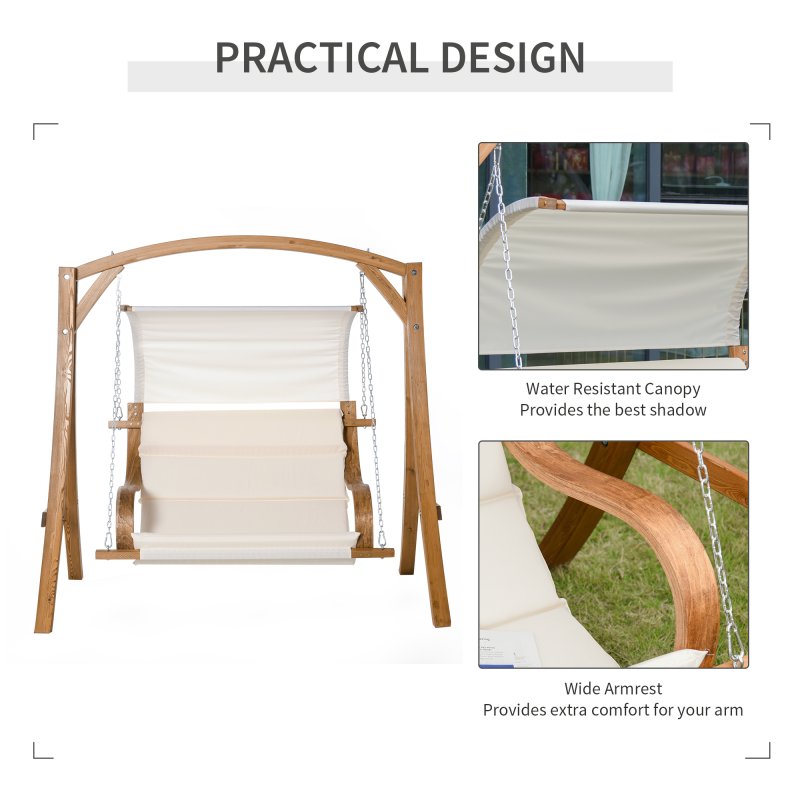 Outsunny Wooden Garden Swing Chair A-Frame Wood Log Swing Bench Chair With Canopy and Cushion for Patio Garden Yard