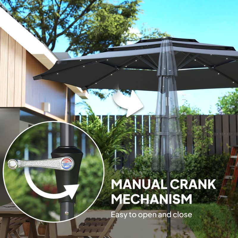 Outsunny 2.6 m Garden Parasol with Solar LED Lights, 3-Tier Patio Umbrella Outdoor with Tilt Mechanism & Crank Handle, UPF 30+, Table Umbrella for Market Terrace, Dark Grey