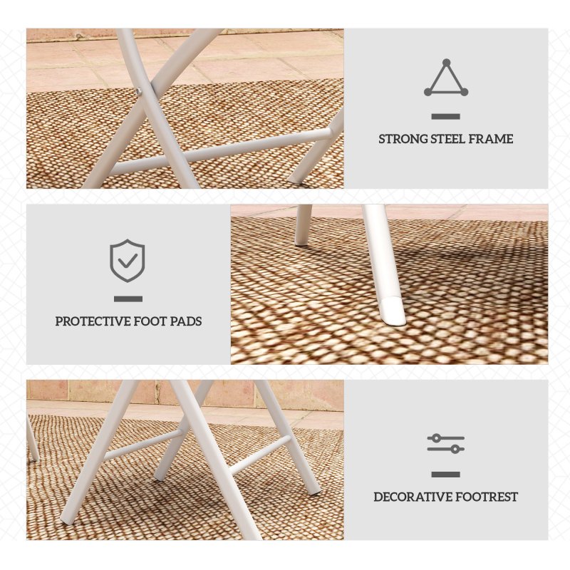Outsunny 3 Pieces Outdoor Bistro Set, Glass Top Outdoor Table and 2 Folding Chairs, Garden Furniture Set with Protecting Feet, Steel Frame, Easy Clean, White