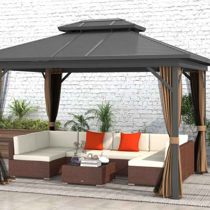 Outsunny 7 Pieces PE Rattan Garden Furniture Set with Thick Padded Cushion, Patio Garden Corner Sofa Sets with Glass Coffee Table and Pillows, Buckle Structure, Mixed Brown