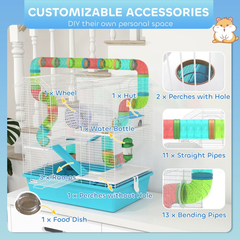 PawHut 4 Tier Hamster Cage with Tube, Exercise Wheel, Hut, Water Bottle, Food Dish, Ramps, DIY Design, Large Hamster Cage for Dwarf, Light Blue
