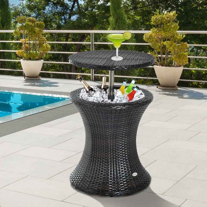 Outsunny PE Rattan Ice Bucket Table, Height Adjustable Liftable Outdoor Drinks Cooler, 52 cm Round Garden Beer Cocktail Table with Lid for Bar, Patio, Terrace, Brown