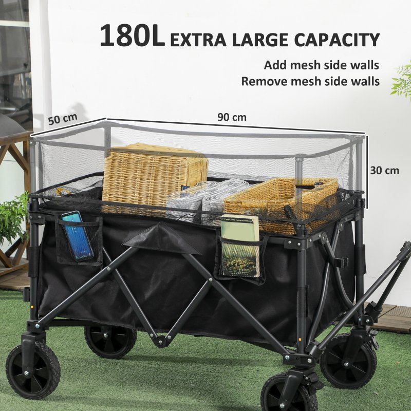 Outsunny 180L Festival Trolley on Wheels, Folding Camping Trolley Cart with Extendable Side Walls and Telescopic Handle, for Garden Beach Fishing, Black