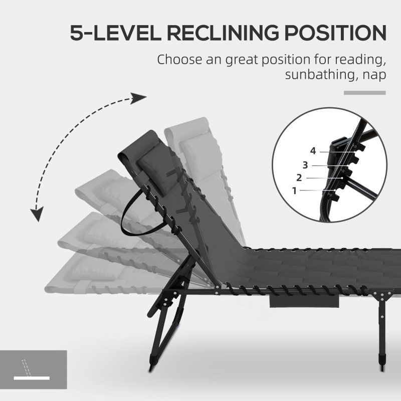 Outsunny 2 Piece Foldable Sun Lounger Set with 5-level Reclining Back, Outdoor Tanning Chairs Sun Loungers with Build-in Padded Seat, Side Pocket, Headrest for Beach, Patio, Black