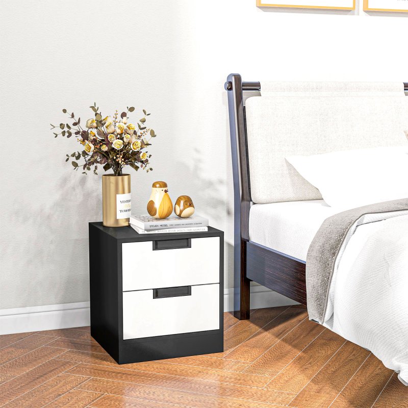HOMCOM Bedside Tables Set of 2, Nightstands with 2 Drawers, Modern Bedside Cabinets with Storage for Bedroom, Living Room, White and Black