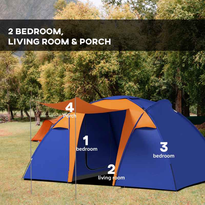 Outsunny 4-6 Man Tunnel Tent with 2 Bedroom, Living Area and Porch, Large Camping Tent, 2000mm Waterproof, Portable with Bag, for Fishing Hiking Festival, Orange and Blue