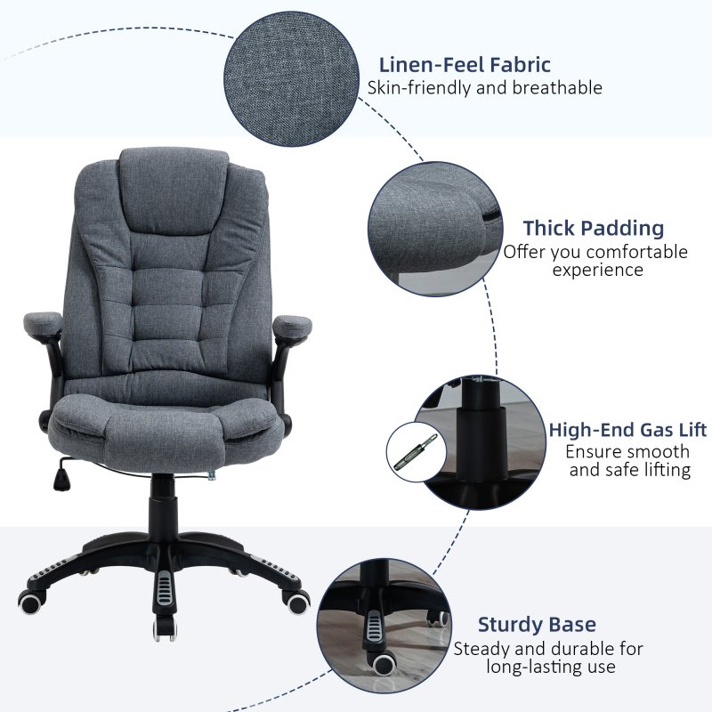 Vinsetto Executive Office Chair, Linen Ergonomic Desk Chair, Swivel Computer Chair with 130° Reclining Back, Adjustable Height and Armrests for Home and Work, Grey