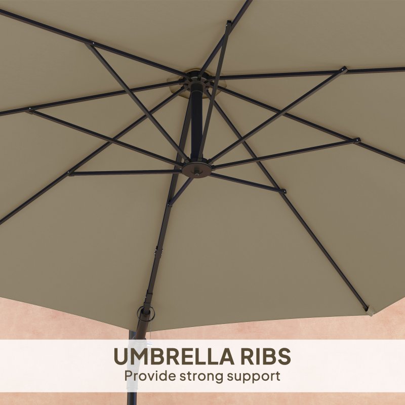 Outsunny 3 M Wall Mounted Garden Parasol Umbrella with Rotate, Outdoor Market Umbrella Sun Shade Canopy with 8 Ribs, Khaki
