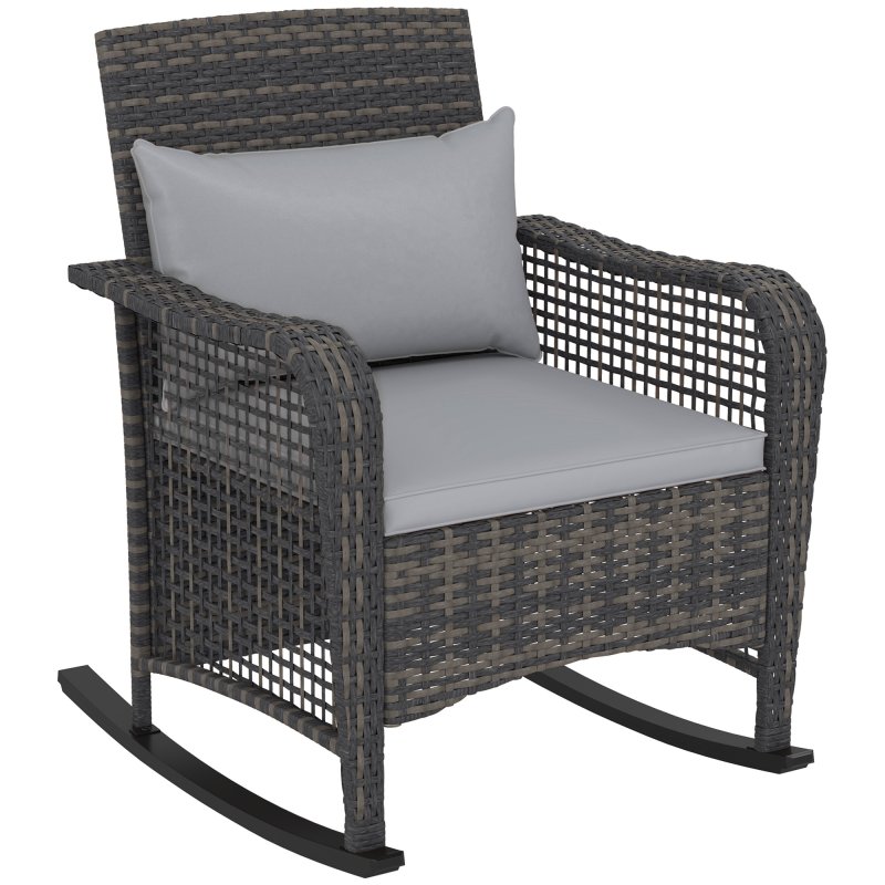 Outsunny Garden Rocking Chair, Outdoor Rattan Rocker Lounge Chair with Seat and Back Cushions, Patio Armchair Seat with All-weather Wicker, Steel Frame for Porch Balcony, Light Grey