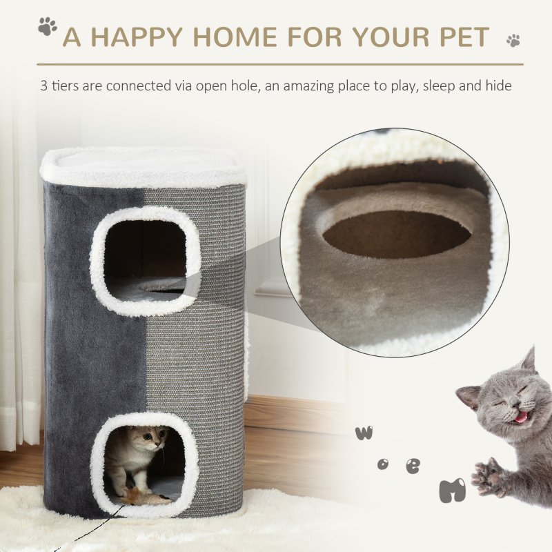 PawHut Cat Barrel Scratching Post Cat Tree for Indoor Cats Kitten Climbing Frame Pet Play Tower Soft Plush & Lamb Fleece Grey