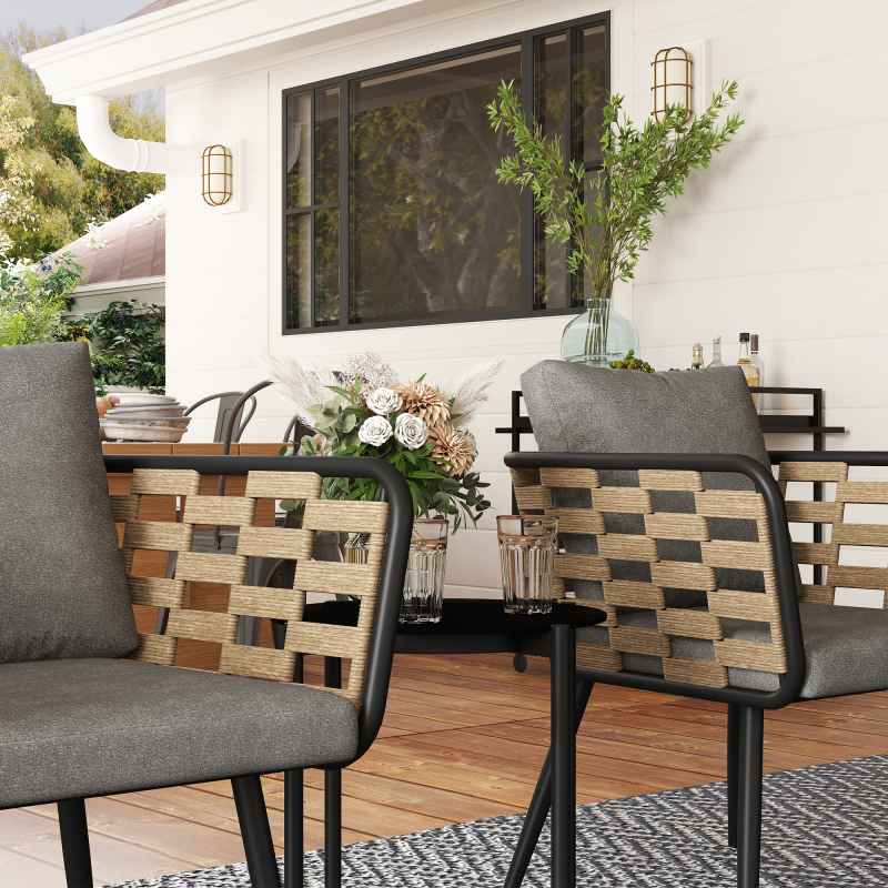 Outsunny 3 Pieces Rattan Bistro Set, Wicker Garden Furniture Set with Washable Seat and Back Cushions, Glass Top Coffee Table, for Outdoor, Patio, Black