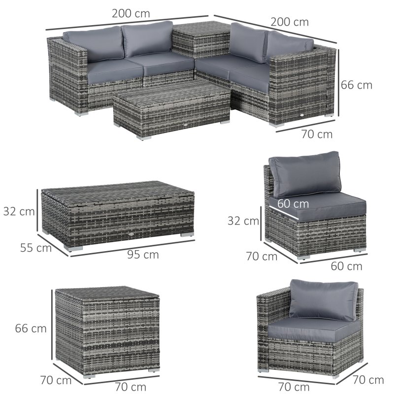 Outsunny 6 Pieces Rattan Garden Furniture Set, 4 Seater Wicker Garden Corner Sofa Set with 2 Storage Tables and Loveseats, Outdoor Conversation Furniture with Cushions for Conservatory, Patio, Grey