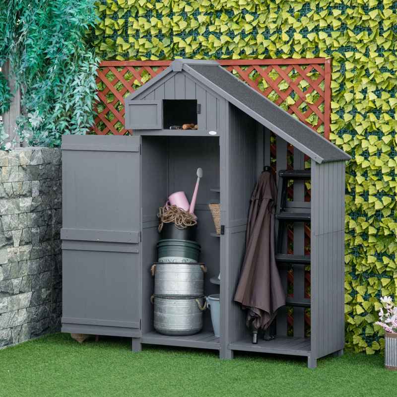 Outsunny Wooden Garden Storage Shed with 3 Shelves, Outdoor Garden Tool Storage Cabinet with Tilt Roof, Firewood Rack Log Carrier, 129 x 51.5 x 180cm, Grey
