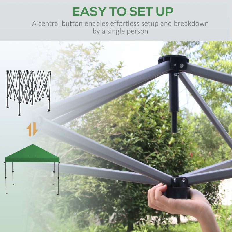 Outsunny 3 x 3(m) Pop Up Gazebo, 1 Person Easy up Marquee Party Tent with 1-Button Push, Adjustable Straight Legs, Wheeled Bag, Stakes, Ropes, Sandbags, Instant Shelter, Green