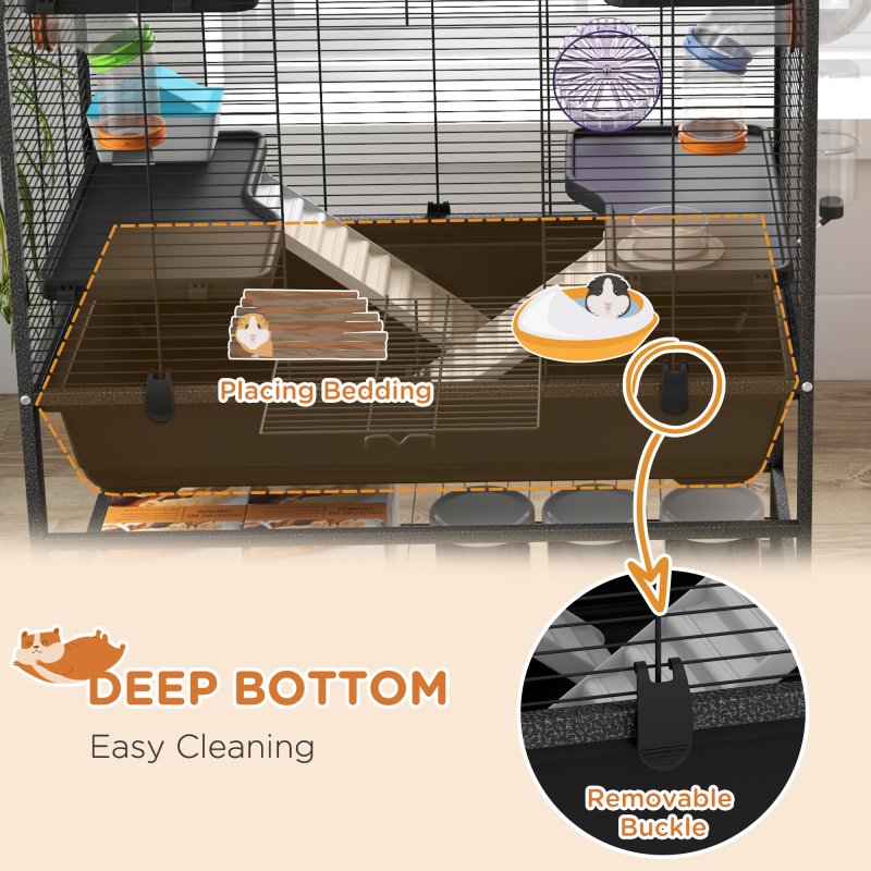 PawHut Large Hamster Cage, Gerbil Cage with Wheels, Tubes, Storage Shelf, Ramps, Running Wheel, Food Dish, Water Bottle, for Syrian Hamster - Black