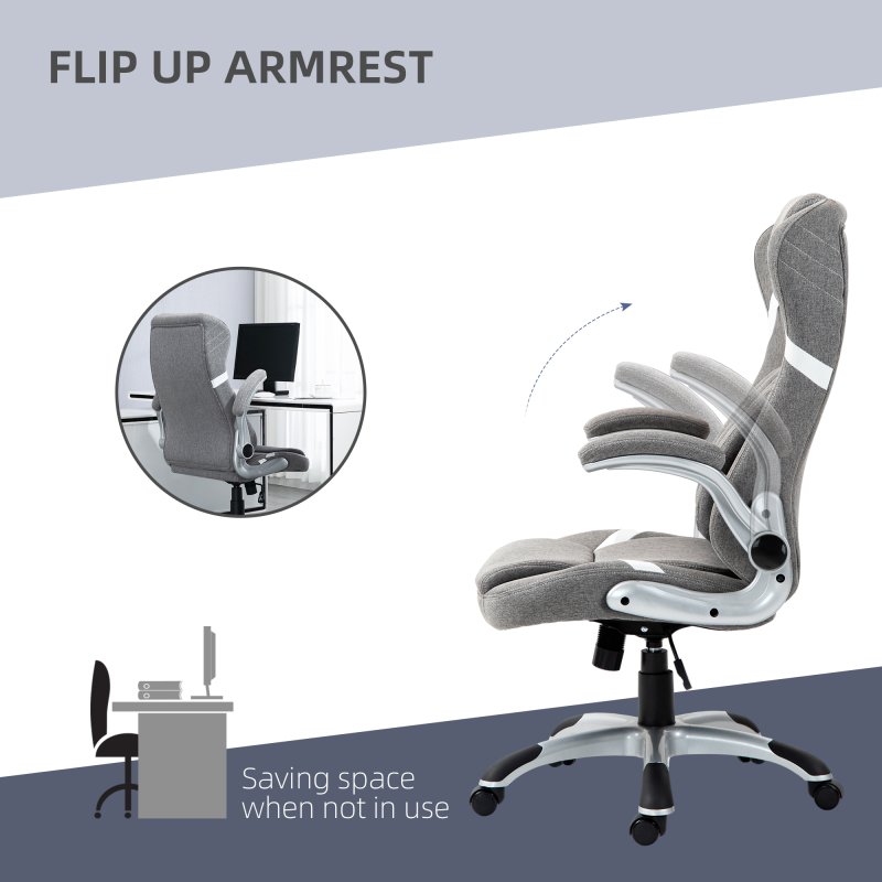 Vinsetto High Back Executive Office Chair, Fabric Office Desk Chair with Flip-up Armrests, Adjustable Lumbar Support and Tilt Function, Grey