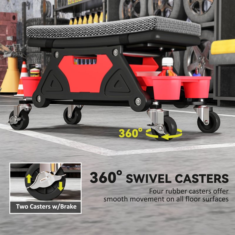 HOMCOM Rolling Mechanic Stool, 135kg Capacity Workshop Stool, 360 Swivel Roller Padded Creeper Seat with Wheels, Slide Out Tool Trays and Drawer for Garage, Shop, Auto Repair, Black