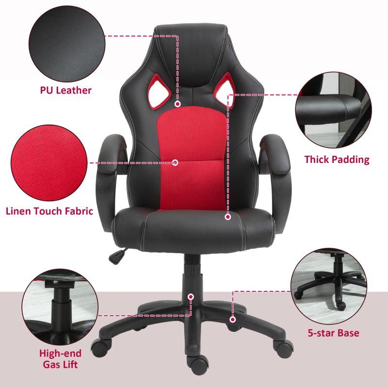 Vinsetto Gaming Chair Faux Leather Swivel Computer Racing Gamer Desk Chair for Home Office with Wheels, Red