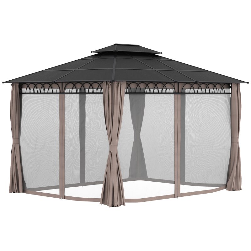 Outsunny 3.6 x 3 (m) Outdoor Polycarbonate Gazebo, Double Roof Hard Top Gazebo with Galvanised Steel Frame, Nettings & Curtains for Garden, Lawn, Patio and Deck