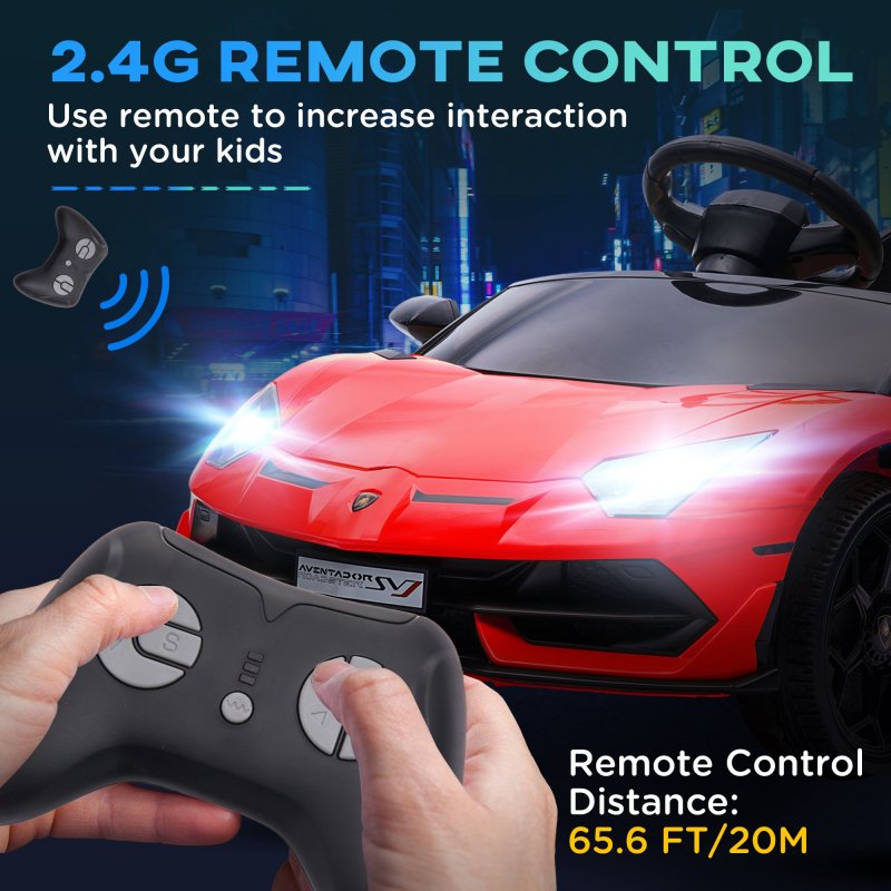 HOMCOM Lamborghini Aventador Licensed Kids' Electric Ride-on with Remote Control, 12V Powered Electric Car for Kids with Butterfly Doors, Auxiliary wheels, Music, Horn, Suspension - Red