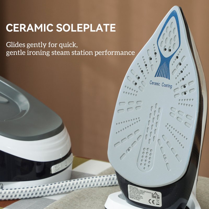 HOMCOM Steam Generator Iron with ECO Mode, Self-Cleaning, Powerful Vertical Steam, Automatic Shut-Off, Ceramic Non-stick Soleplate, Large 1.5L Detachable Water Tank, 8 Bar, 2600W, Blue