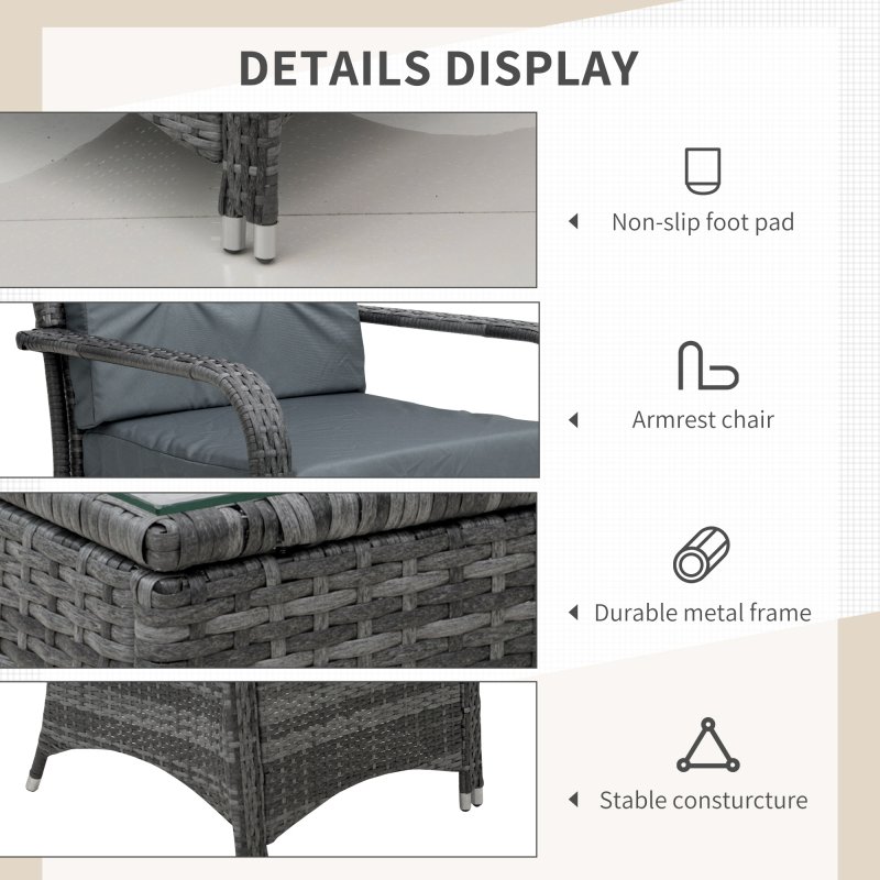 Outsunny 3 Pieces Rattan Bistro Set with Furniture Cover, Wicker Garden Furniture Set, Glass Top Coffee Table and Chairs with Cushions for Outdoor, Patio, Balcony, Grey