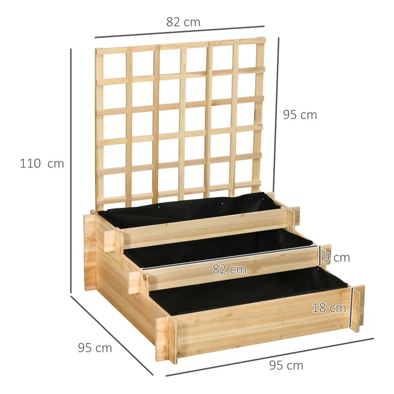 Outsunny 3 Tier Planters with Trellis for Vine Climbing, Wooden Raised Beds for Garden Patio, Outdoor Planter Box for Vegetables, Flowers, Herbs, Natural Tone