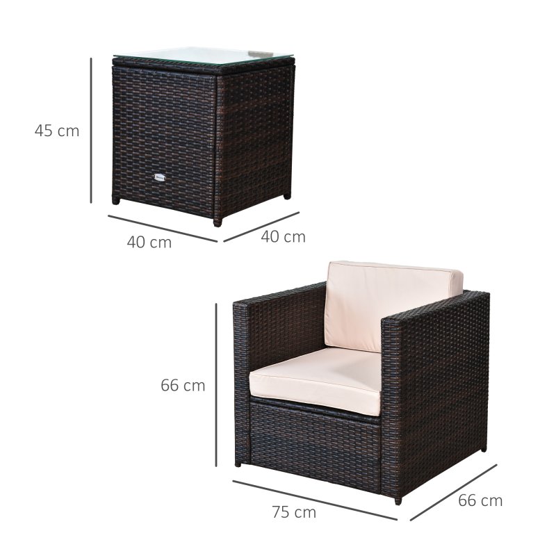 Outsunny 3 Pieces Rattan Bistro Set, Wicker Garden Furniture Set with Glass Top Coffee Table and Chairs, Thickened Washable Cushions for Outdoor, Patio, Balcony, Brown