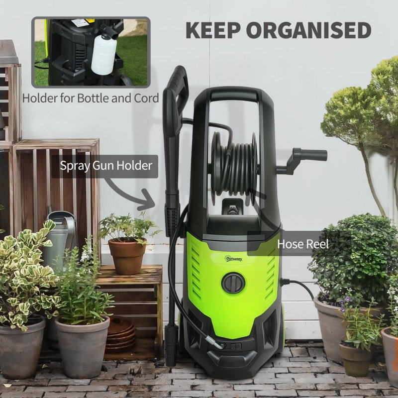 Outsunny 2200W High Pressure Washer, 170 Bar Pressure, 420 L/h Flow, Portable Electric Power Washer Jet Wash Cleaner with Adjustable Nozzle 6M Hose and Hose Reel for Home Patio Car Driveway