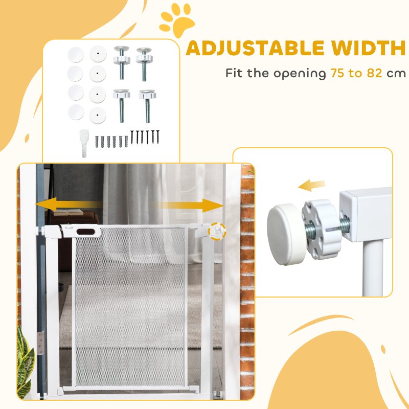 PawHut Pressure Fit Safety Gate for Doorways and Staircases, Dog Gate w/ Auto Closing Door, Pet Barrier for Hallways w/ Double Locking, Openings 75-82 cm - White