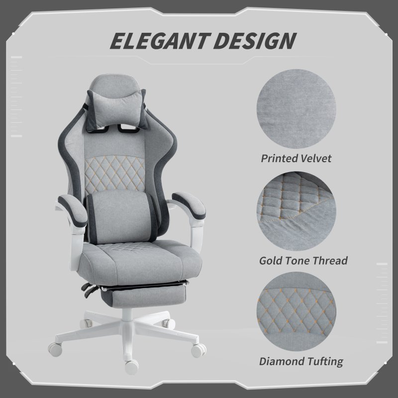 HOMCOM Ergonomic High Back Gaming Chair for Adults, Printed Velvet Computer Recliner Chair with Footrest, Lumbar Support, Adjustable Height and 360 Swivel Seat for Office or Gaming, Grey