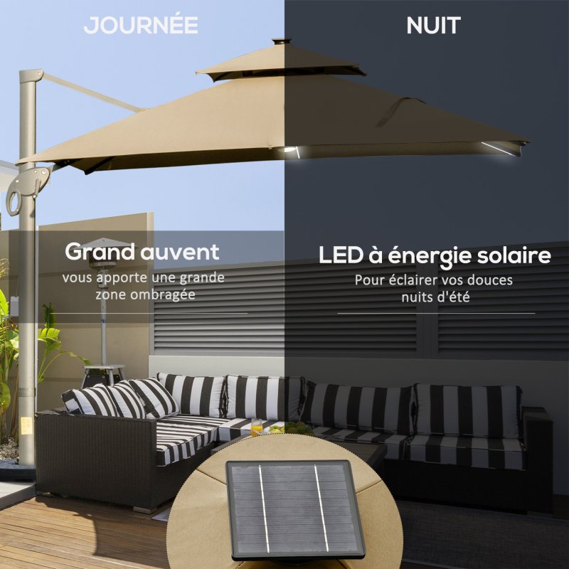 Outsunny 3 x 3(m) Cantilever Roma Parasol Garden Sun Umbrella, Two-tier 250g Polyester Sun Shade with LED Solar Light, Aluminium Frame, Cross Base 360 Degrees Rotating Khaki