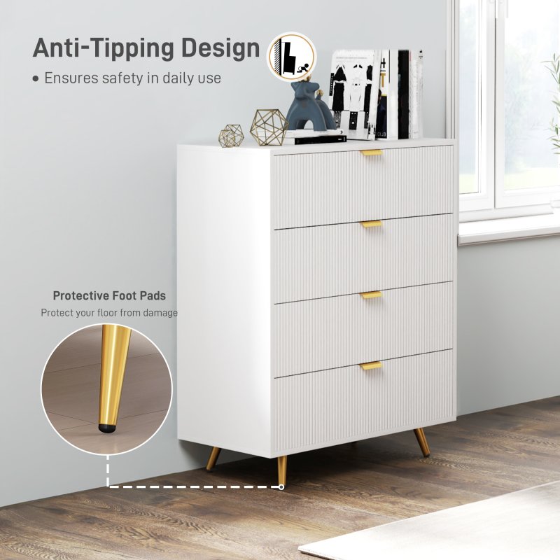 HOMCOM Bedroom Chest of Drawers with 4 Drawers, Fluted Dresser with Gold Tone Handles, Storage Cabinet for Bedroom, Living Room, Hallway, Entryway, White