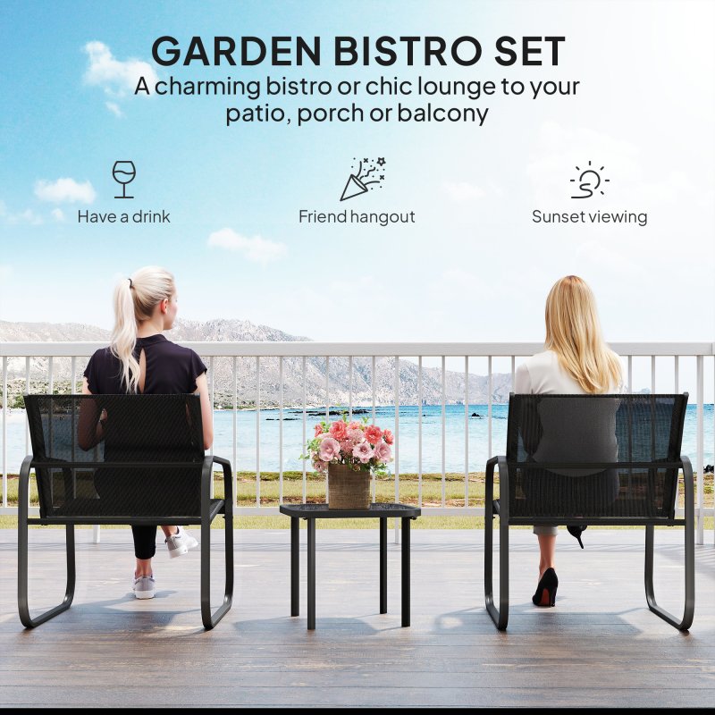 Outsunny Garden Bistro Set, 3 Piece Metal Garden Furniture Set with Mesh Chairs and Square Glass Top Table, Small Balcony Furniture for Outdoor, Patio, Conservatory, Black