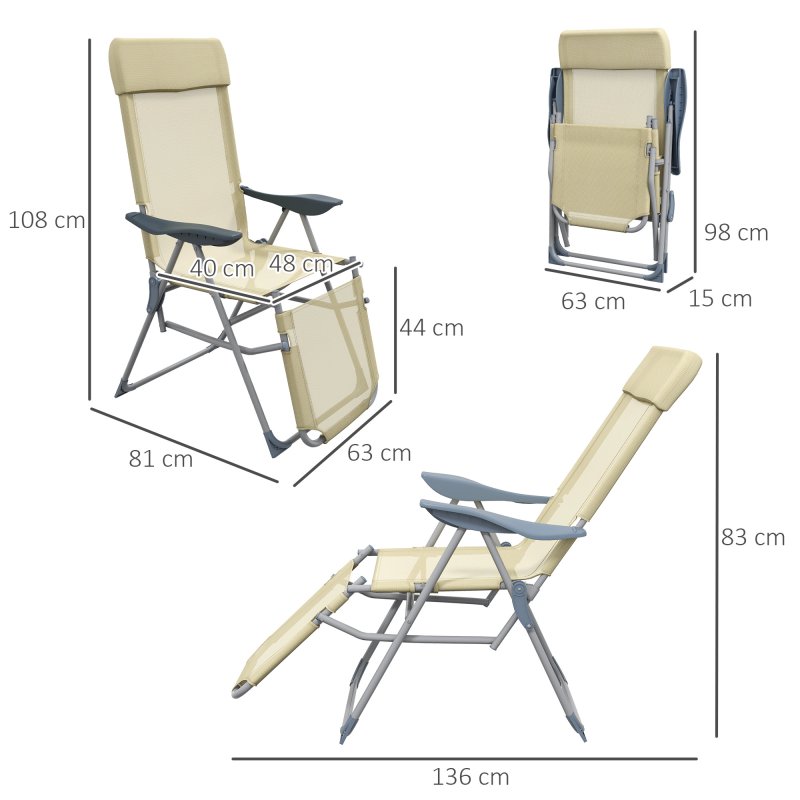 Outsunny Outdoor Sun Lounger Set of 2, Reclining Garden Chairs with Adjustable Footrest, 2 Pieces Recliner with 5-level Adjustable Backrest, Headrest, Beige