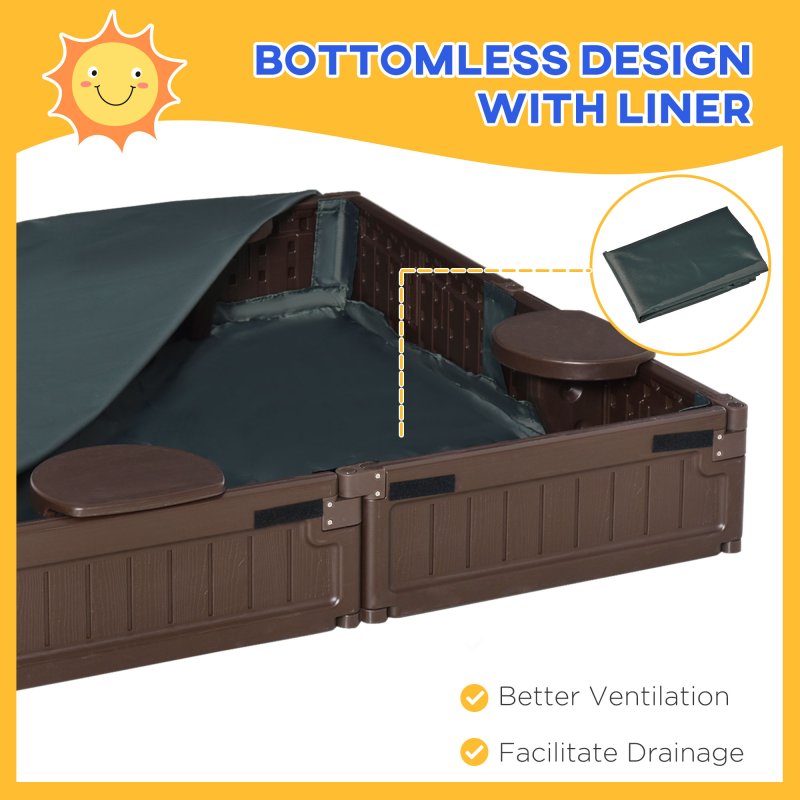Outsunny Sand Pit Children's Plastic Sandpit w/ Water-Resistant Oxford Cover Bottom Fabric Liner kid Playset for 3-12 years old, Garden, Outdoor - (Brown)