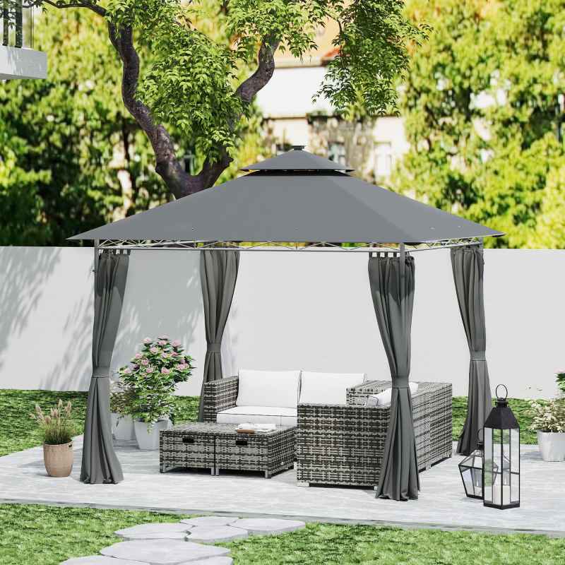 Outsunny 3 x 3 m Garden Gazebo, Double Roof Metal Gazebo with Curtains and Solar-Powered LED Lights, Outdoor Canopy Shelter for Patio, Deck, Dark Grey