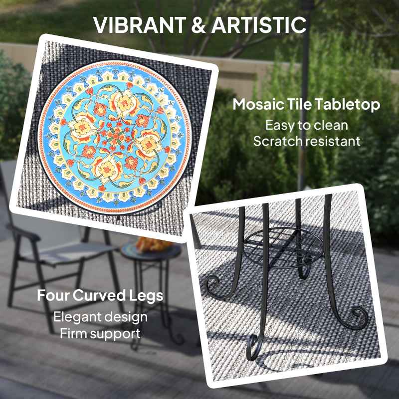Outsunny Mosaic Garden Table, 35.5 cm Round Outdoor Table with Shelf, Ceramic Tile Top, Small Garden Side Table Bistro Table End Table Plant Stand for Indoor, Patio, Balcony, Blue