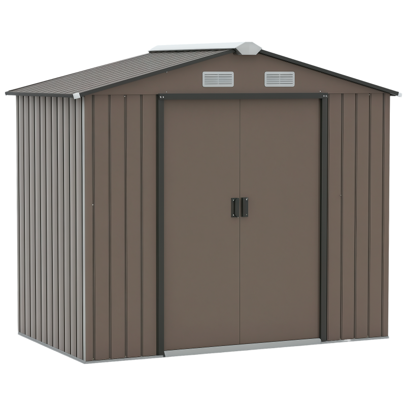 Outsunny 7 x 4ft Metal Garden Shed, Outdoor Storage Tool House with Ventilation Slots, Foundation Kit and Lockable Double Doors, Brown