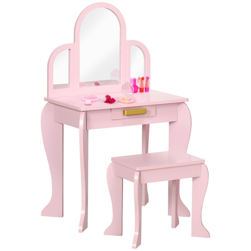 HOMCOM Kids Dressing Table and Stool Kids Vanity Set Makeup Desk w/ Mirror, Drawer, for Ages 3-6 Years - Pink