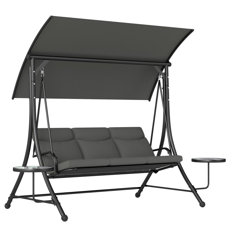 Outsunny 3 Seater Garden Swing Seat Swing Chair with Adjustable Canopy, Removable Cushion and Coffee Tables for Outdoor Patio Garden Dark Grey