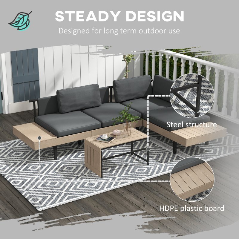 Outsunny 3 Pieces Garden Furniture Set, L Shaped 4 Seater Corner Sofa Set with Table and Cushions, HDPE, Outdoor Patio Sofa Set for Patio, Grey