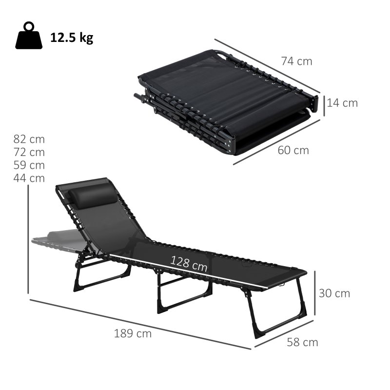 Outsunny 2 Piece Foldable Sun Lounger, Outdoor 4 Level Adjustable Backrest Reclining Chaise Chair, Steel Frame Recliner Chair for Camping, Hiking, Black