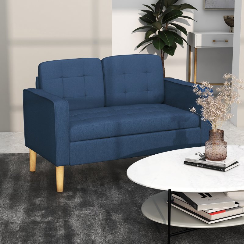 HOMCOM Modern 2 Seater Sofa with Hidden Storage, 117cm Tufted Cotton Couch with Wood Legs, Compact Loveseat for Living Room, Kitchen