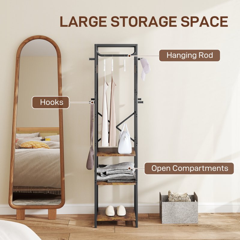 HOMCOM Coat Rack, Freestanding Coat Stand with 3 Shelves and 8 Hooks, Clothes Stand for Entryway, Hallway, Bedroom, 170 x 38.5 x 30 cm