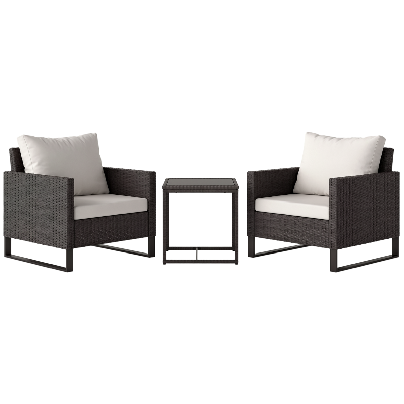 Outsunny 3 Pieces Rattan Bistro Set with 4 Cushions, Wicker Garden Furniture Set, Glass Top Coffee Table and Chairs for Outdoor Patio, Balcony, Terrace and Conservatory, Brown
