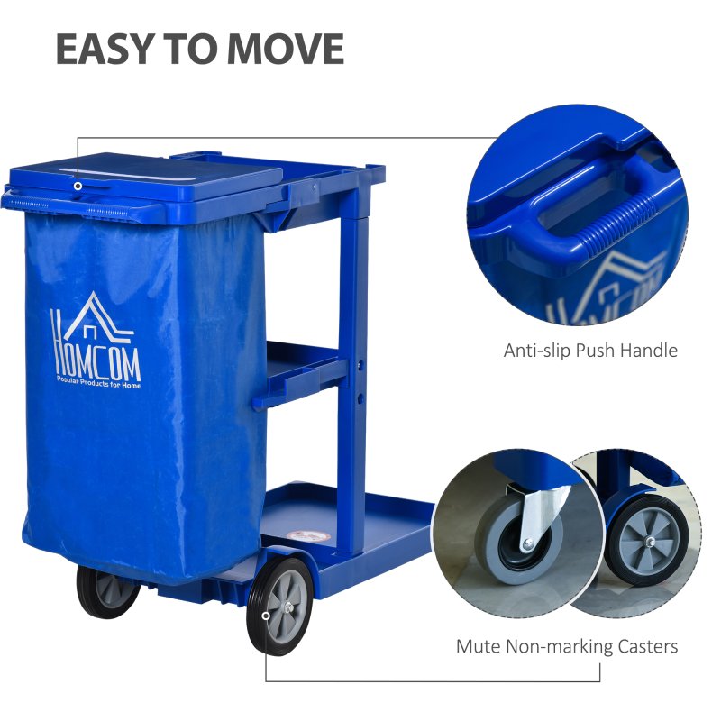 HOMCOM Cleaning Carts On Wheels, Janitorial Trolley with 3 Tier Shelves, Housekeeping Utility Service Unit with Rubbish Bag and Mop Mount for Hotel, Office, Blue