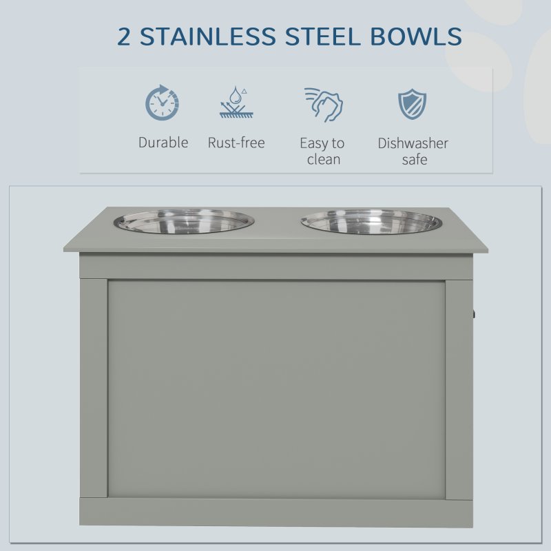 PawHut Raised Dog Bowls, Pet Feeding Storage Station with Two Stainless Steel Bowls, Base, for Large Dogs, Grey